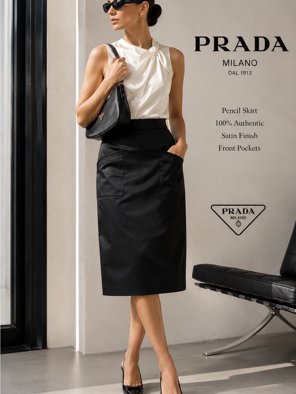 Prada Black Satin Pencil Skirt vintage like new